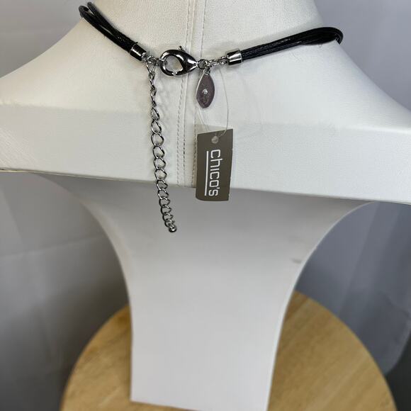 Chico's pendant necklace black pendant cord shiny hammered signed costume jewelr - Picture 6 of 14